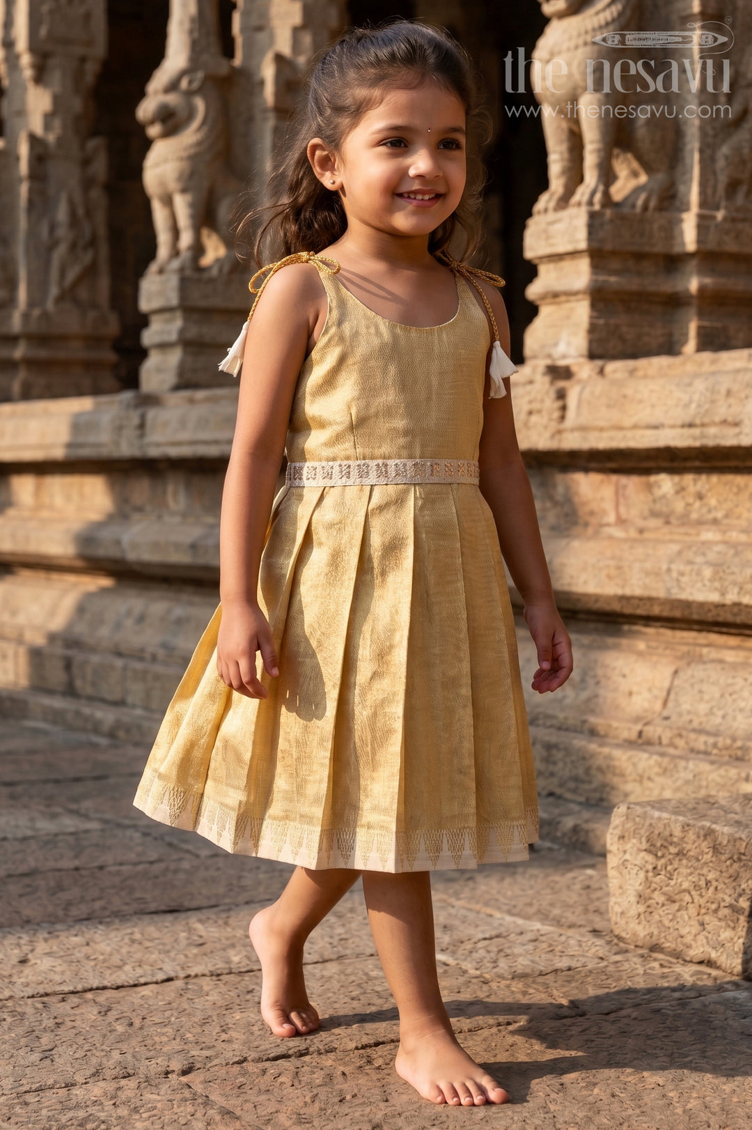 The Nesavu Tie-up Frock Toddler Girl Shimmer Frock for Festive Family Outings Nesavu 16 (1Y) / Gold / Tissue T435A-16 Nesavu Toddler Girl Tissue Silk Shimmer Frock With Tie Up Straps For Festive Occasions