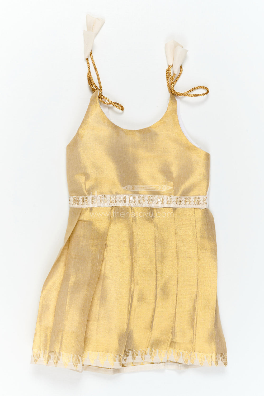 The Nesavu Tie-up Frock Toddler Girl Shimmer Frock for Festive Family Outings Nesavu 16 (1Y) / Gold / Tissue T435A-16 Nesavu Toddler Girl Tissue Silk Shimmer Frock With Tie Up Straps For Festive Occasions