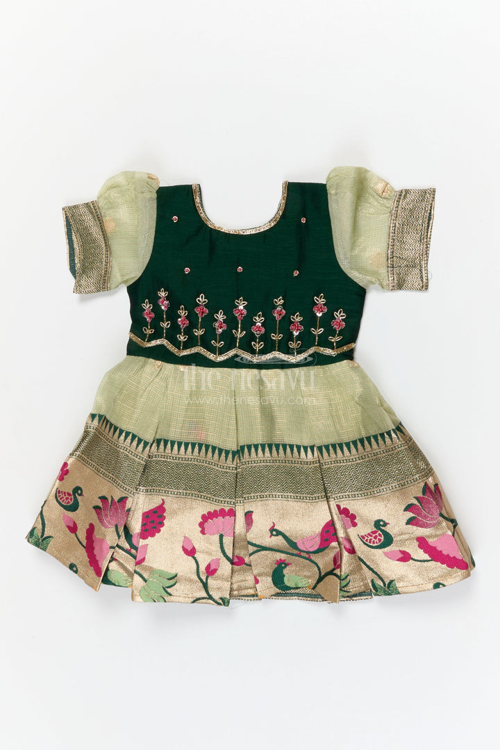 The Nesavu Silk Frock Toddler Girl Silk Frock for Birthdays and Ethnic Celebrations Nesavu 16 (1Y) / Green / Silk Blend SF1125A-16 Nesavu toddler silk frock with zari border and embroidery for birthdays and festive occasions