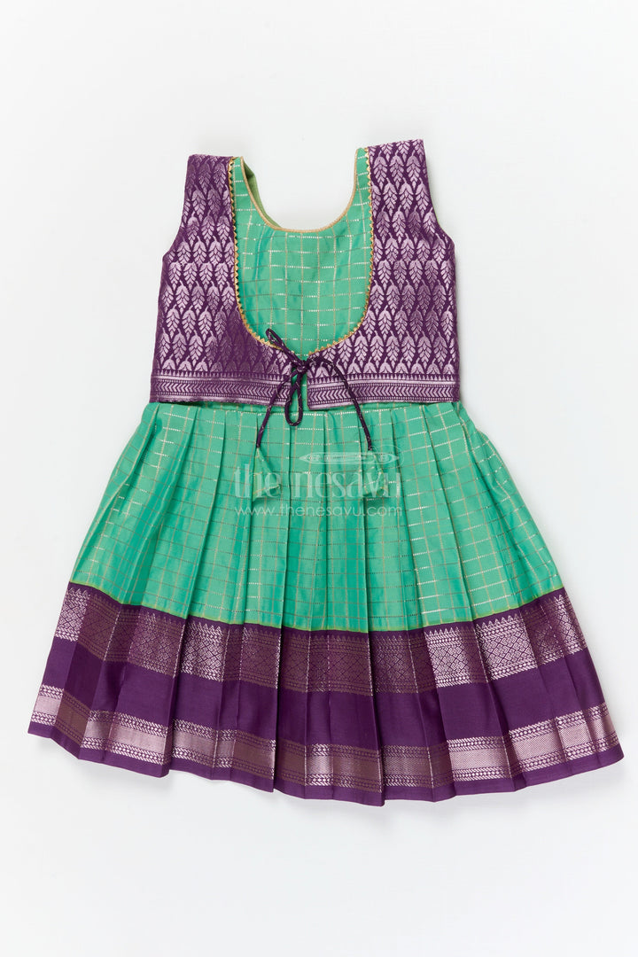 The Nesavu Girls Kanchi Silk Frock Toddler Girl Silk Frock with Bridal Saree Style for Weddings and Festivals Nesavu 10 (NB) / Green / style 3 KSF003BC-10 Nesavu toddler girl silk frock with Dharmavaram bridal saree inspired zari border design