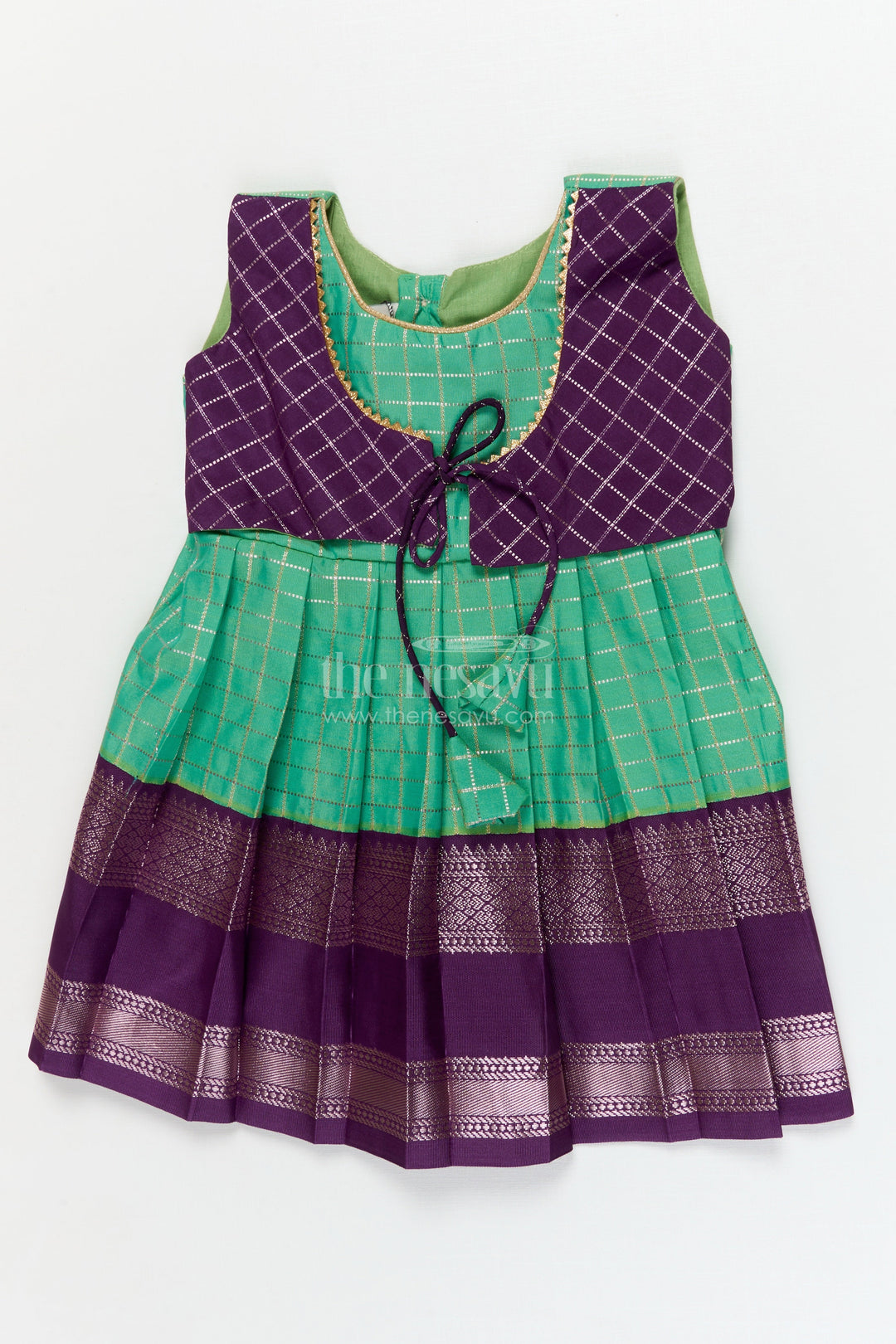 The Nesavu Girls Kanchi Silk Frock Toddler Girl Silk Frock with Bridal Saree Style for Weddings and Festivals Nesavu 10 (NB) / Green / style 4 KSF003BD-10 Nesavu toddler girl silk frock with Dharmavaram bridal saree inspired zari border design