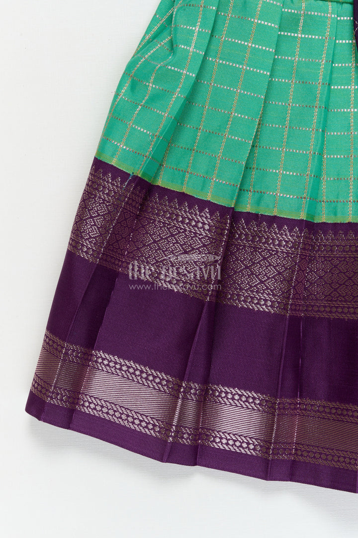 The Nesavu Girls Kanchi Silk Frock Toddler Girl Silk Frock with Bridal Saree Style for Weddings and Festivals Nesavu Nesavu toddler girl silk frock with Dharmavaram bridal saree inspired zari border design
