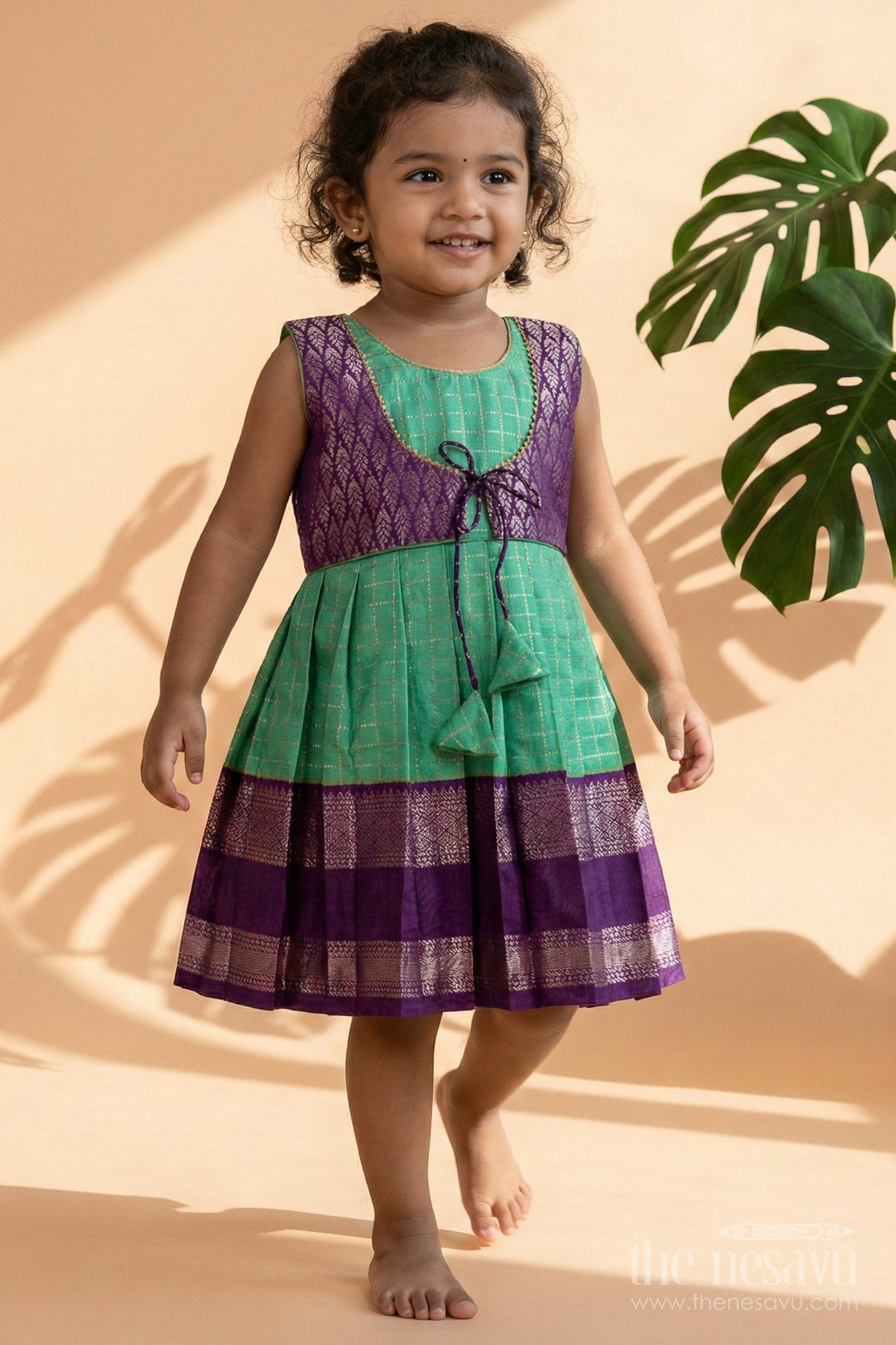 The Nesavu Girls Kanchi Silk Frock Toddler Girl Silk Frock with Bridal Saree Style for Weddings and Festivals Nesavu Nesavu toddler girl silk frock with Dharmavaram bridal saree inspired zari border design