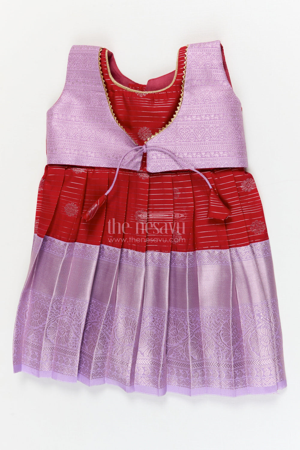 The Nesavu Girls Kanchi Silk Frock Toddler Girl Silk Frock with Dharmavaram Saree Inspired Design for Weddings and Rituals Nesavu 10 (NB) / Red / style 1 KSF007BA-10 Nesavu toddler girl silk frock with Dharmavaram saree style zari borders for weddings and temple visits