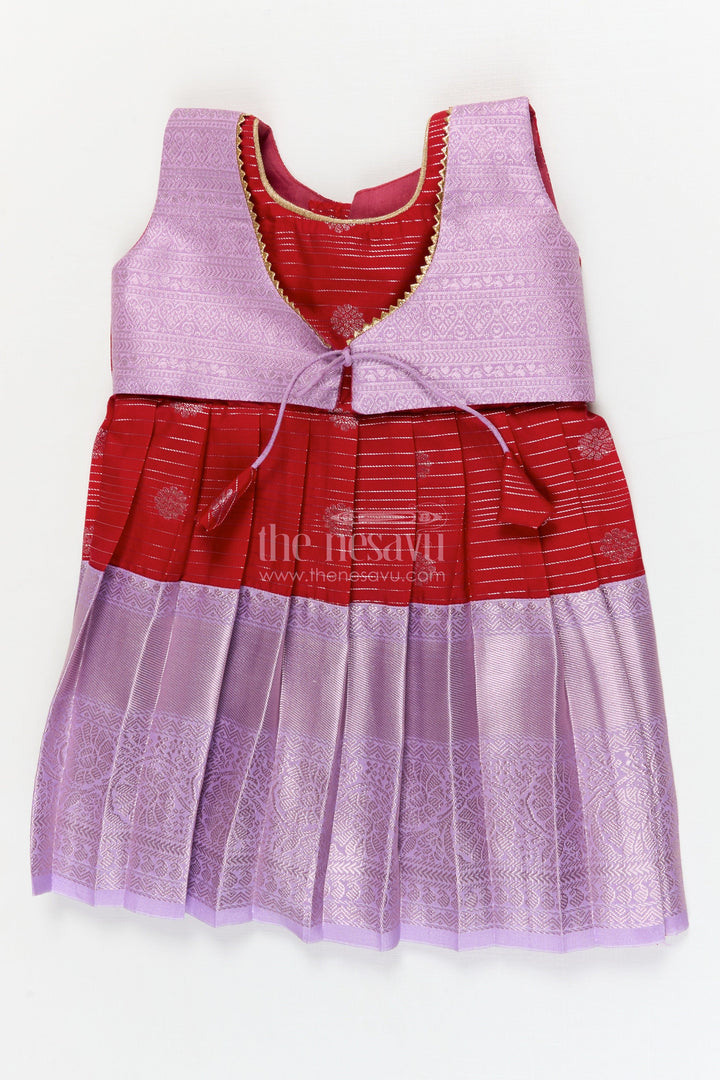 The Nesavu Girls Kanchi Silk Frock Toddler Girl Silk Frock with Dharmavaram Saree Inspired Design for Weddings and Rituals Nesavu 10 (NB) / Red / style 1 KSF007BA-10 Nesavu toddler girl silk frock with Dharmavaram saree style zari borders for weddings and temple visits