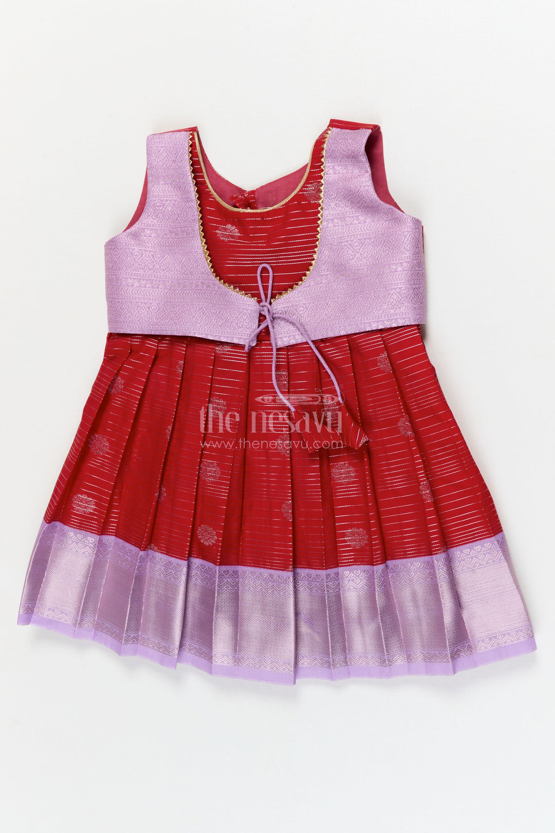 The Nesavu Girls Kanchi Silk Frock Toddler Girl Silk Frock with Dharmavaram Saree Inspired Design for Weddings and Rituals Nesavu 10 (NB) / Red / style 2 KSF007BB-10 Nesavu toddler girl silk frock with Dharmavaram saree style zari borders for weddings and temple visits