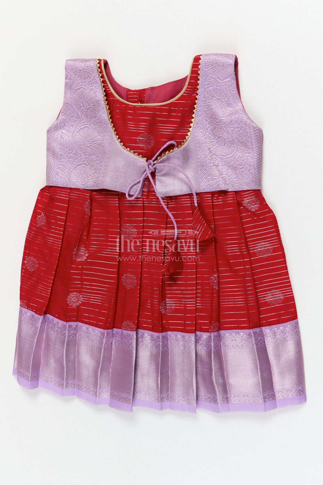 The Nesavu Girls Kanchi Silk Frock Toddler Girl Silk Frock with Dharmavaram Saree Inspired Design for Weddings and Rituals Nesavu 10 (NB) / Red / style 3 KSF007BC-10 Nesavu toddler girl silk frock with Dharmavaram saree style zari borders for weddings and temple visits