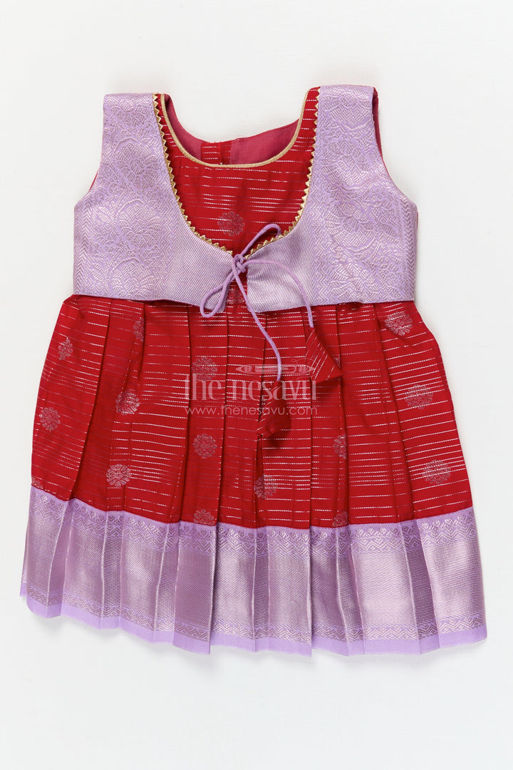 The Nesavu Girls Kanchi Silk Frock Toddler Girl Silk Frock with Dharmavaram Saree Inspired Design for Weddings and Rituals Nesavu 10 (NB) / Red / style 3 KSF007BC-10 Nesavu toddler girl silk frock with Dharmavaram saree style zari borders for weddings and temple visits