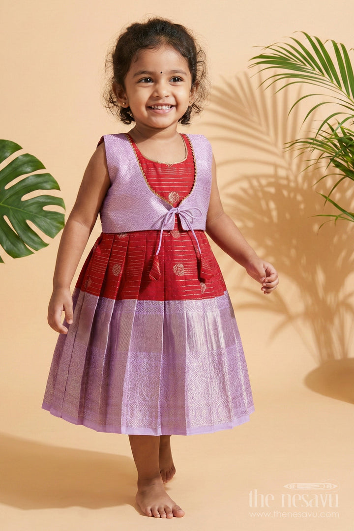 The Nesavu Girls Kanchi Silk Frock Toddler Girl Silk Frock with Dharmavaram Saree Inspired Design for Weddings and Rituals Nesavu Nesavu toddler girl silk frock with Dharmavaram saree style zari borders for weddings and temple visits