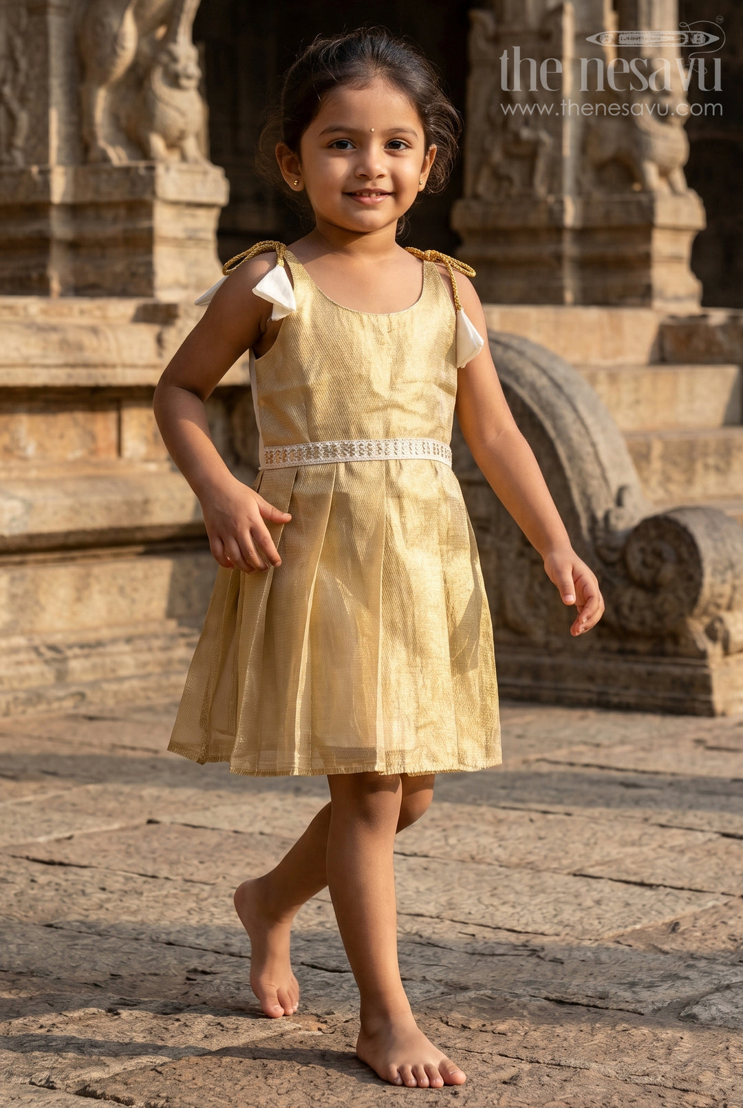 The Nesavu Tie-up Frock Toddler Girl Tie up Frock for Birthday Celebrations Nesavu 16 (1Y) / Gold / Tissue T435C-16 Nesavu Toddler Girl Tissue Silk Tie Up Frock For Birthdays And Festive Occasions