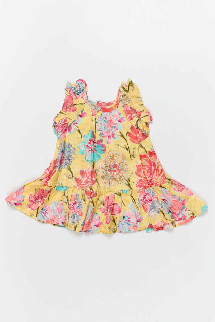 The Nesavu Girls Cotton Frock Toddler Girl Viscose Silk Frock with Floral Print for Festive Outings Nesavu 12 (3M) / Yellow / Viscose Silk GFC2094A-12 Nesavu toddler girl viscose silk frock with digital floral print for birthdays and festive days