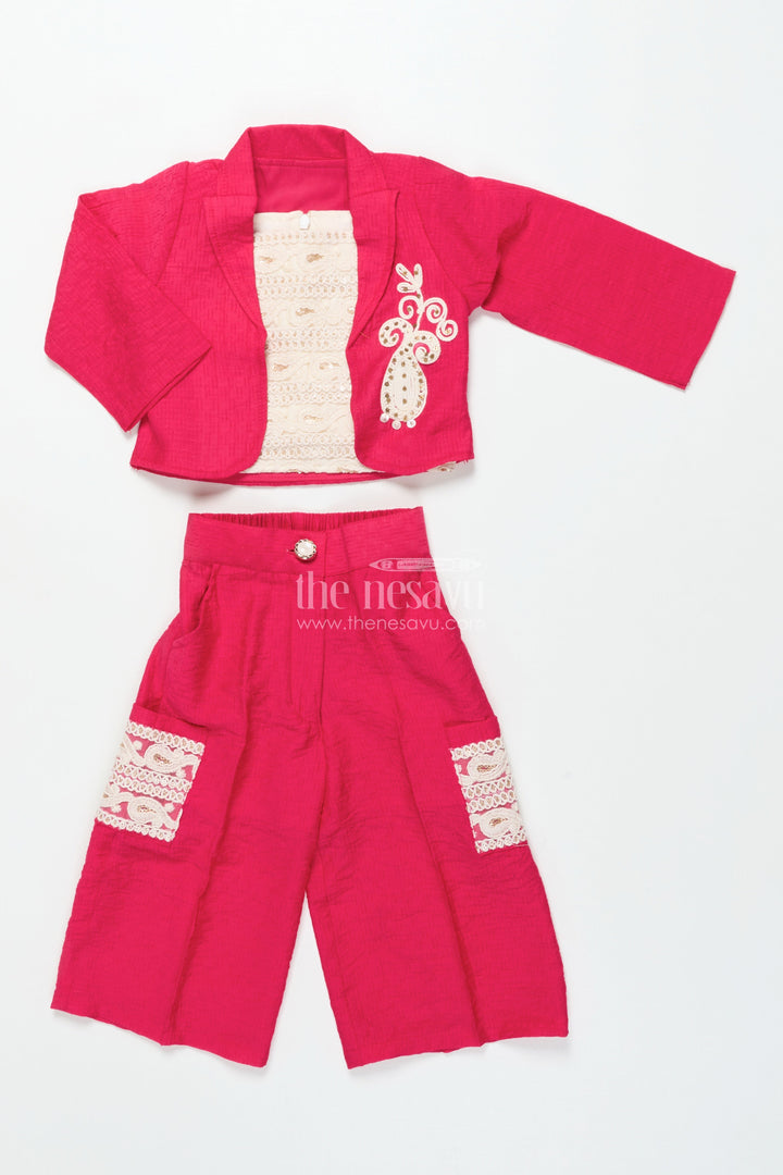 The Nesavu Girls Co-Ord Sets Toddler Girls Co-Ord Set with Thread Embroidery for Festive Occasions Nesavu 16 (1Y) / Pink GPS645B-16 Nesavu toddler girls co-ord set thread embroidery ethnic day celebrations