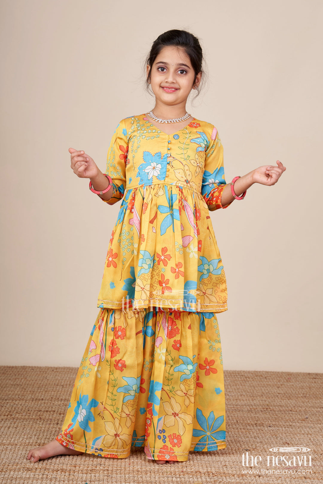 The Nesavu Girls Sharara / Plazo Set Toddler Girls Floral Sharara Set for Birthdays and Playful Festive Days Nesavu 18 (2Y) / Yellow GPS869A-18 Nesavu toddler girl floral printed sharara set embroidered top birthdays ethnic days
