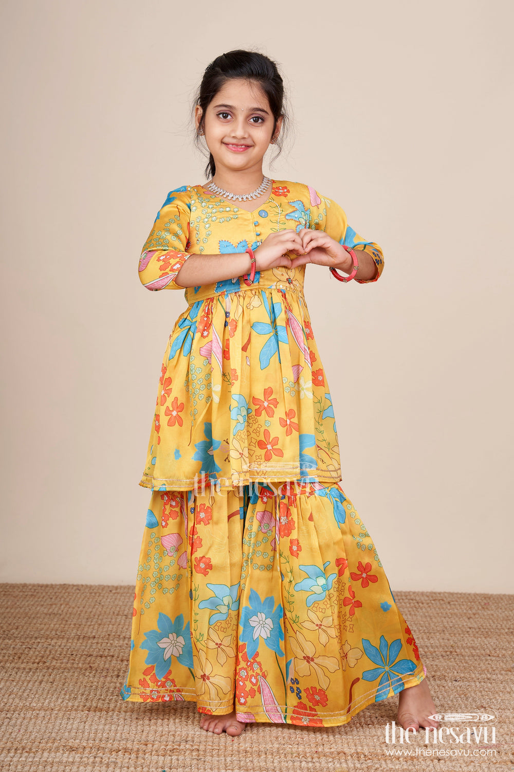 The Nesavu Girls Sharara / Plazo Set Toddler Girls Floral Sharara Set for Birthdays and Playful Festive Days Nesavu Nesavu toddler girl floral printed sharara set embroidered top birthdays ethnic days