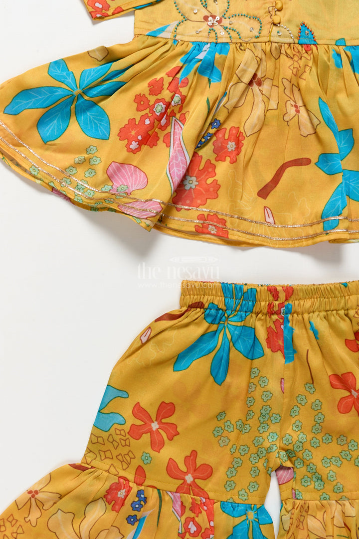 The Nesavu Girls Sharara / Plazo Set Toddler Girls Floral Sharara Set for Birthdays and Playful Festive Days Nesavu Nesavu toddler girl floral printed sharara set embroidered top birthdays ethnic days