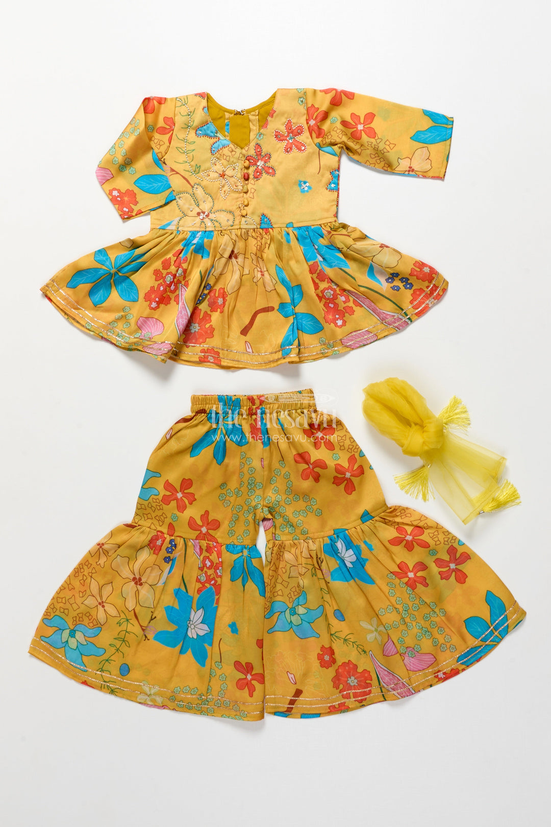 The Nesavu Girls Sharara / Plazo Set Toddler Girls Floral Sharara Set for Birthdays and Playful Festive Days Nesavu Nesavu toddler girl floral printed sharara set embroidered top birthdays ethnic days