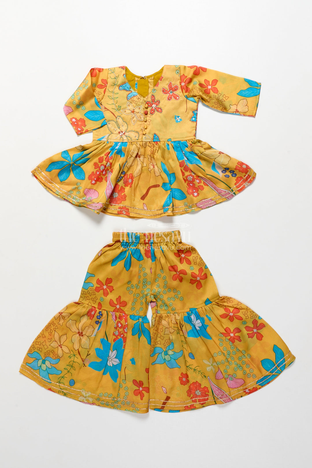The Nesavu Girls Sharara / Plazo Set Toddler Girls Floral Sharara Set for Birthdays and Playful Festive Days Nesavu Nesavu toddler girl floral printed sharara set embroidered top birthdays ethnic days