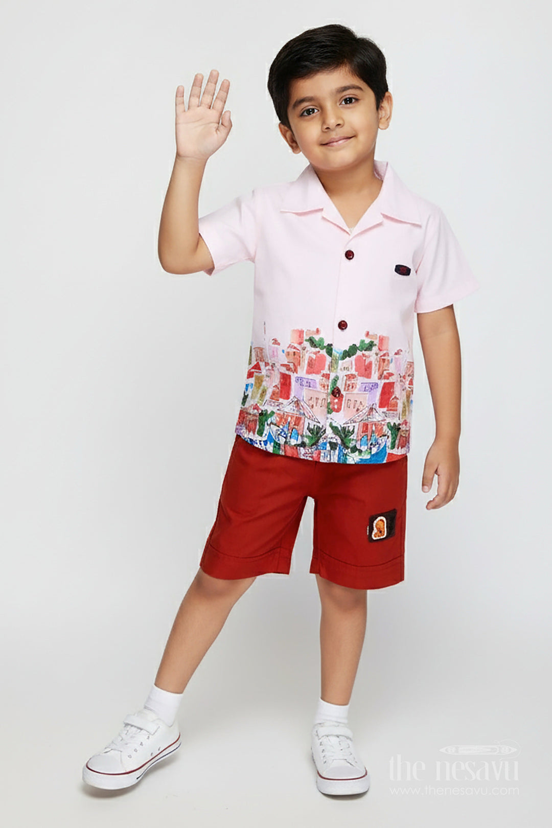 The Nesavu Boys Casual Set Toddler Outfit with Town Print Shirt and Red Shorts Nesavu 14 (6M) / Peach BCS349A-14 Nesavu Cute Town Print Toddler Outfit Cotton Shirt Red Shorts All Day Comfort