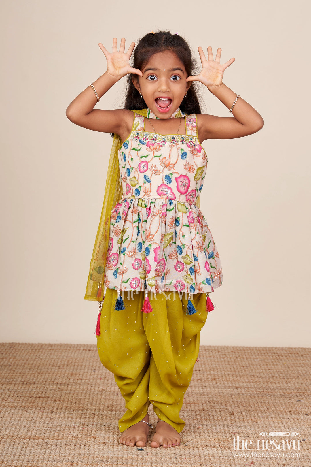 The Nesavu Girls Sharara / Plazo Set Toddler Sharara Set with Tassel Detail and Embroidered Top for Festive Wear Nesavu 18 (2Y) / Green GPS871A-18 Nesavu toddler girl sharara set tassel-embellished embroidered top tulip pants
