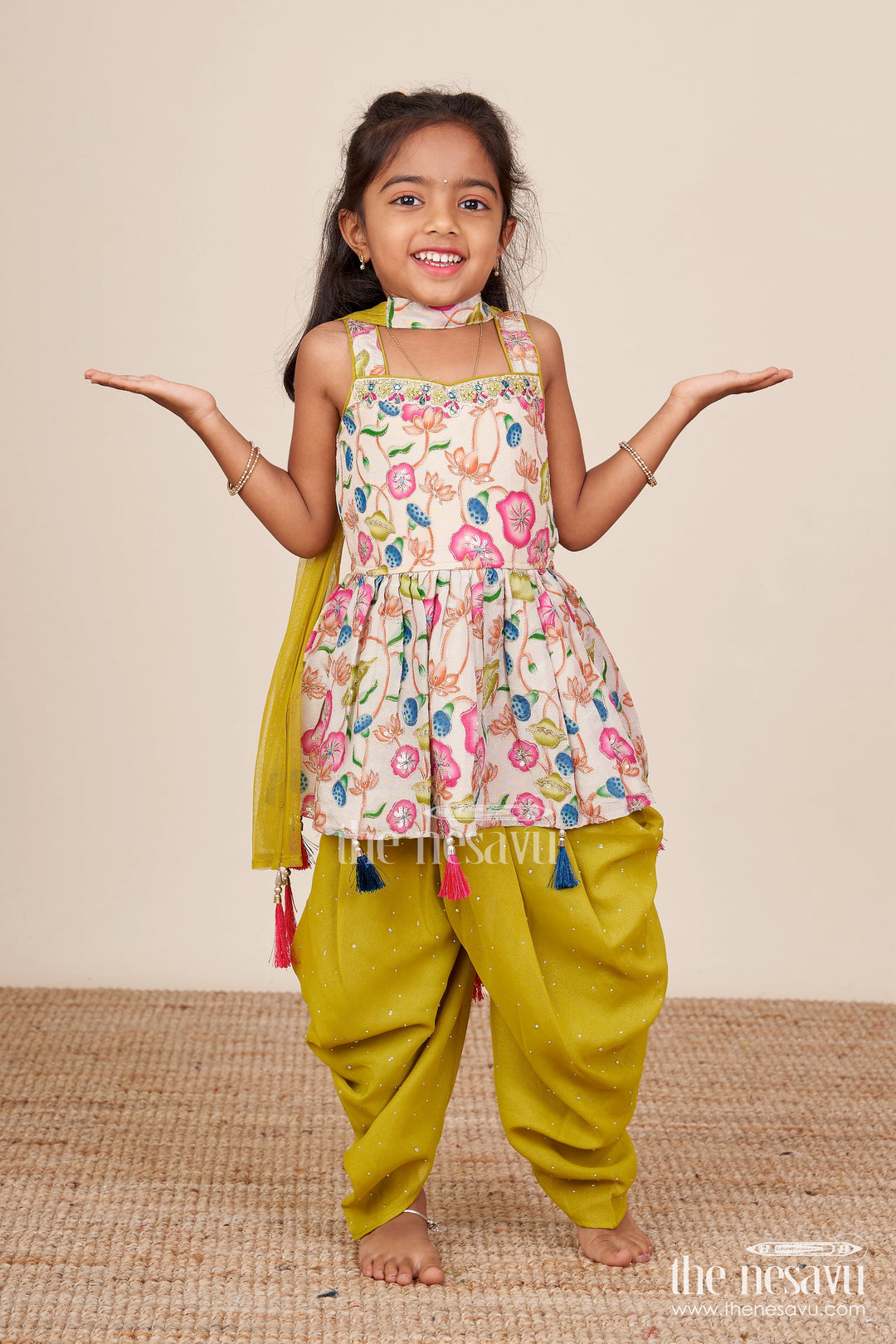 The Nesavu Girls Sharara / Plazo Set Toddler Sharara Set with Tassel Detail and Embroidered Top for Festive Wear Nesavu Nesavu toddler girl sharara set tassel-embellished embroidered top tulip pants
