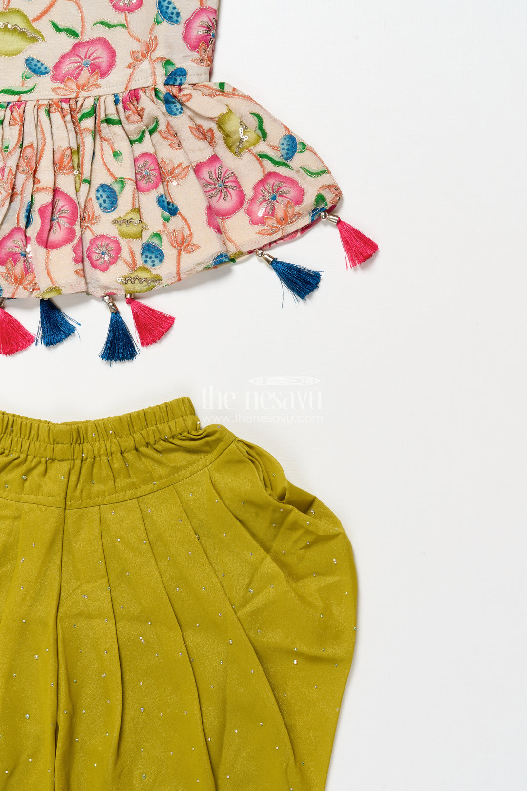 The Nesavu Girls Sharara / Plazo Set Toddler Sharara Set with Tassel Detail and Embroidered Top for Festive Wear Nesavu Nesavu toddler girl sharara set tassel-embellished embroidered top tulip pants
