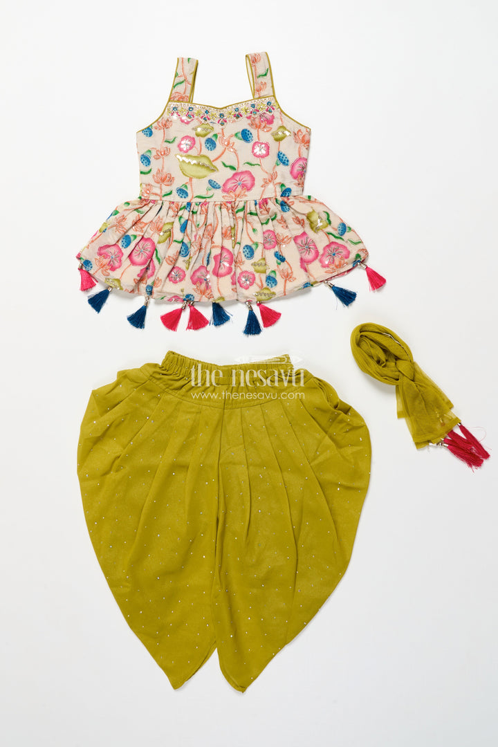 The Nesavu Girls Sharara / Plazo Set Toddler Sharara Set with Tassel Detail and Embroidered Top for Festive Wear Nesavu Nesavu toddler girl sharara set tassel-embellished embroidered top tulip pants