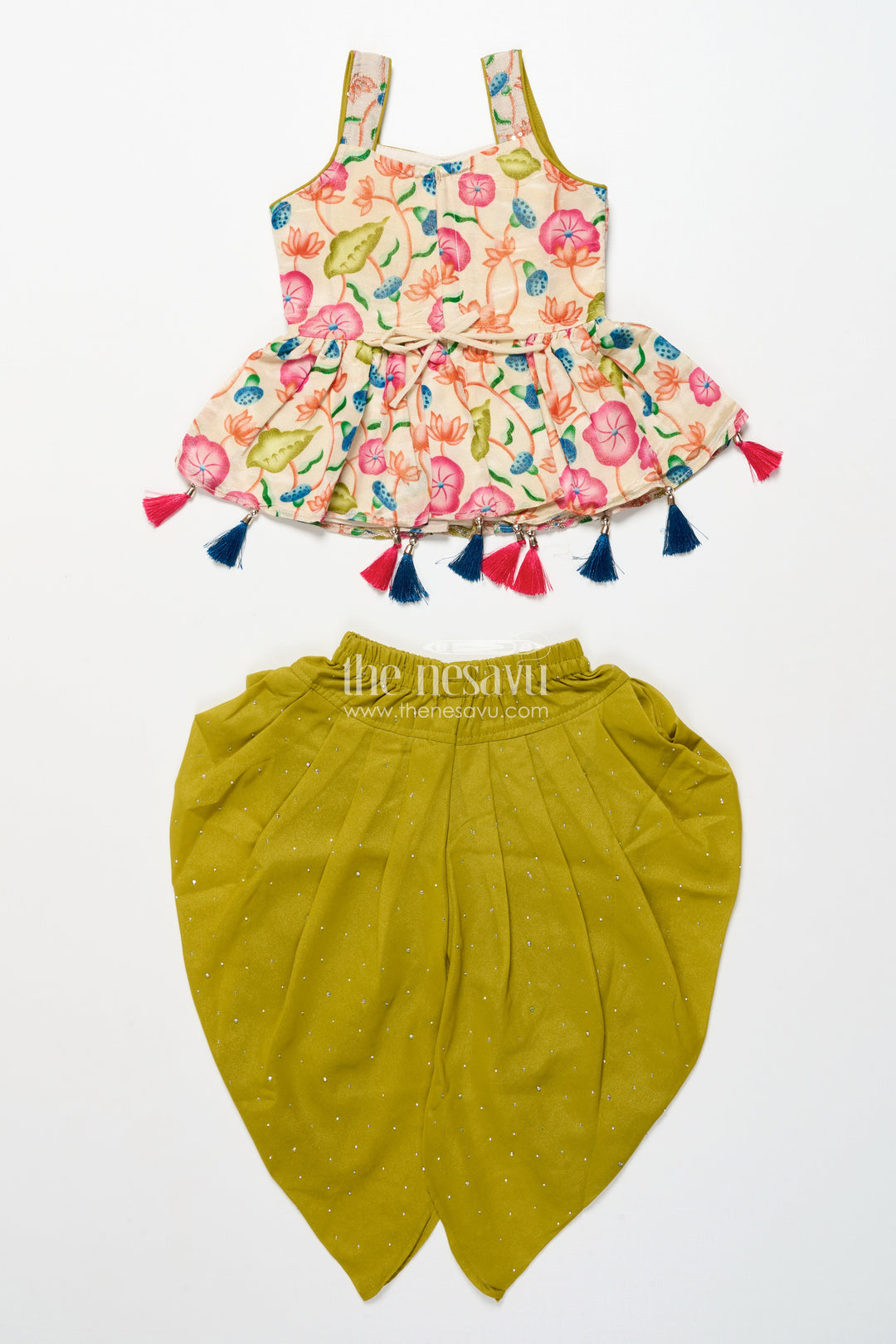 The Nesavu Girls Sharara / Plazo Set Toddler Sharara Set with Tassel Detail and Embroidered Top for Festive Wear Nesavu Nesavu toddler girl sharara set tassel-embellished embroidered top tulip pants