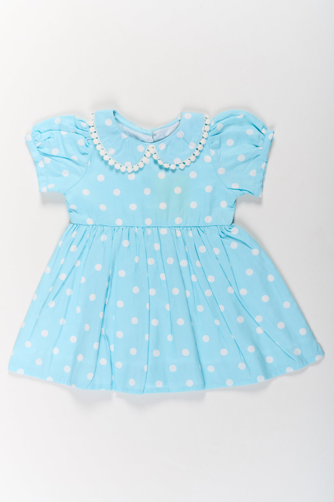 The Nesavu Girls Cotton Frock Traditional Attire for Girls in Blue Polka Dot Print with Peter Pan Collar Nesavu 10 (NB) / Blue GFC1584A-10 Traditional Attire Girls Blue Polka Dot Design Lace Collar | The Nesavu