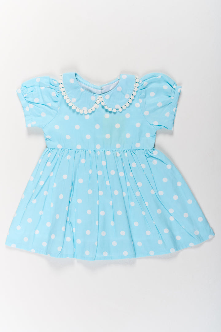 The Nesavu Girls Cotton Frock Traditional Attire for Girls in Blue Polka Dot Print with Peter Pan Collar Nesavu 10 (NB) / Blue GFC1584A-10 Traditional Attire Girls Blue Polka Dot Design Lace Collar | The Nesavu