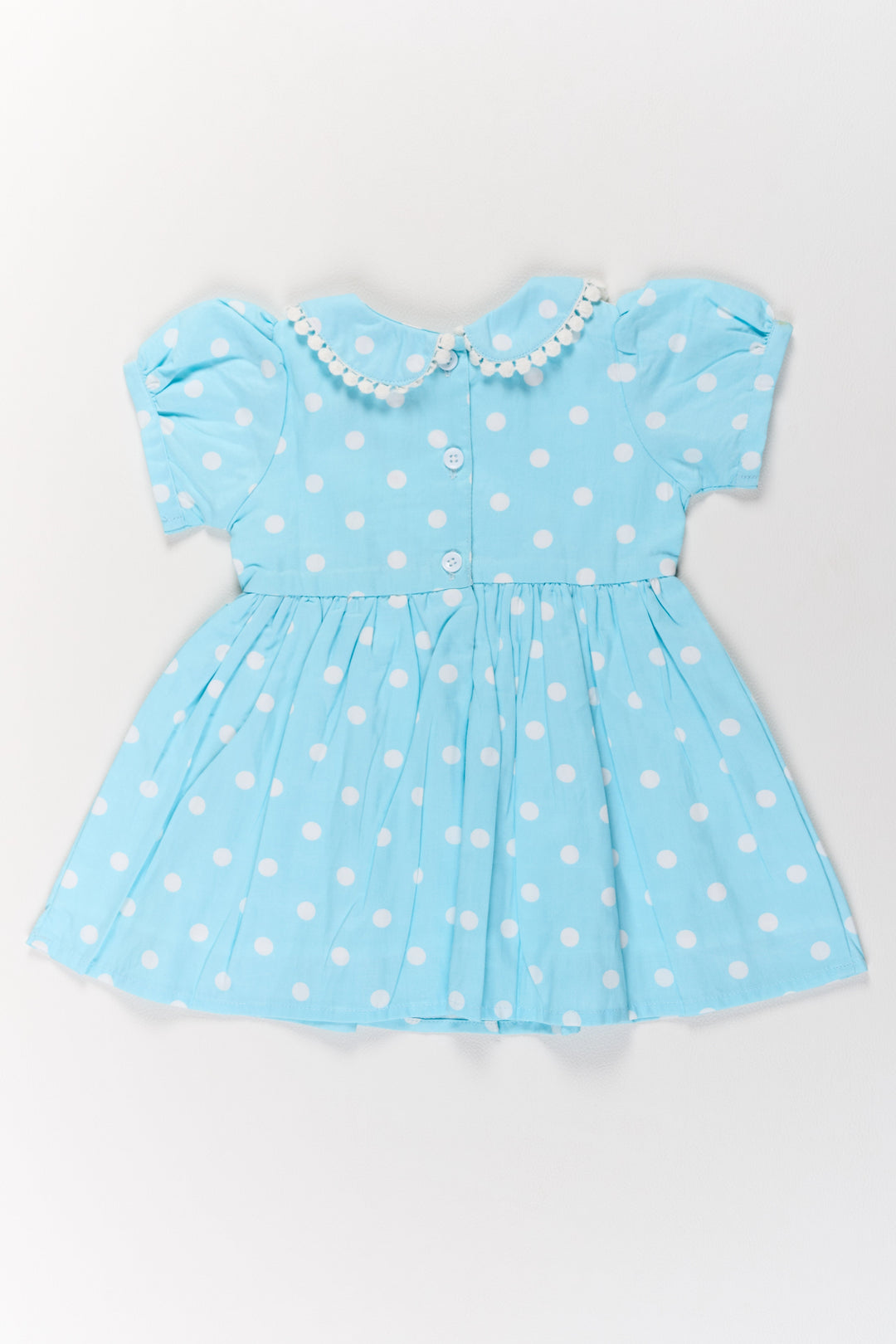 The Nesavu Girls Cotton Frock Traditional Attire for Girls in Blue Polka Dot Print with Peter Pan Collar Nesavu Traditional Attire Girls Blue Polka Dot Design Lace Collar | The Nesavu
