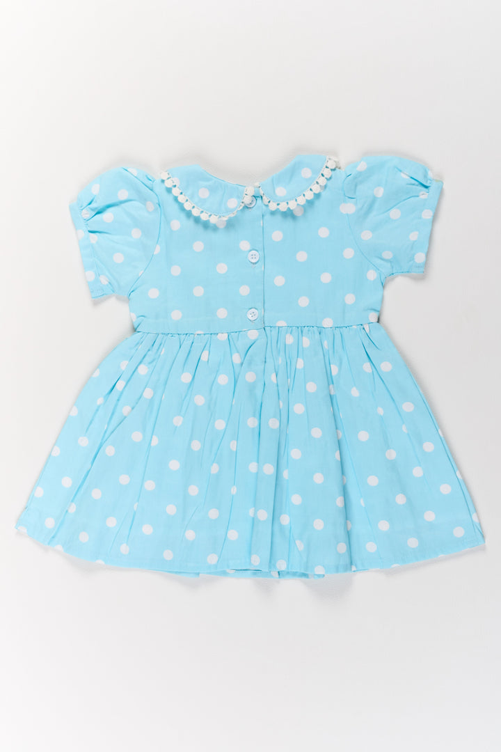 The Nesavu Girls Cotton Frock Traditional Attire for Girls in Blue Polka Dot Print with Peter Pan Collar Nesavu Traditional Attire Girls Blue Polka Dot Design Lace Collar | The Nesavu