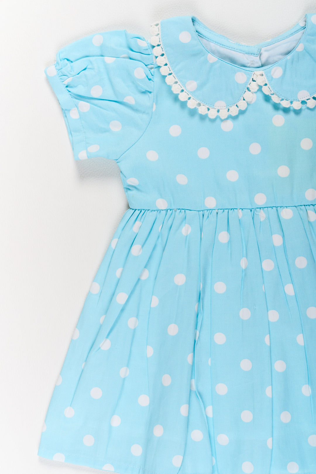 The Nesavu Girls Cotton Frock Traditional Attire for Girls in Blue Polka Dot Print with Peter Pan Collar Nesavu Traditional Attire Girls Blue Polka Dot Design Lace Collar | The Nesavu