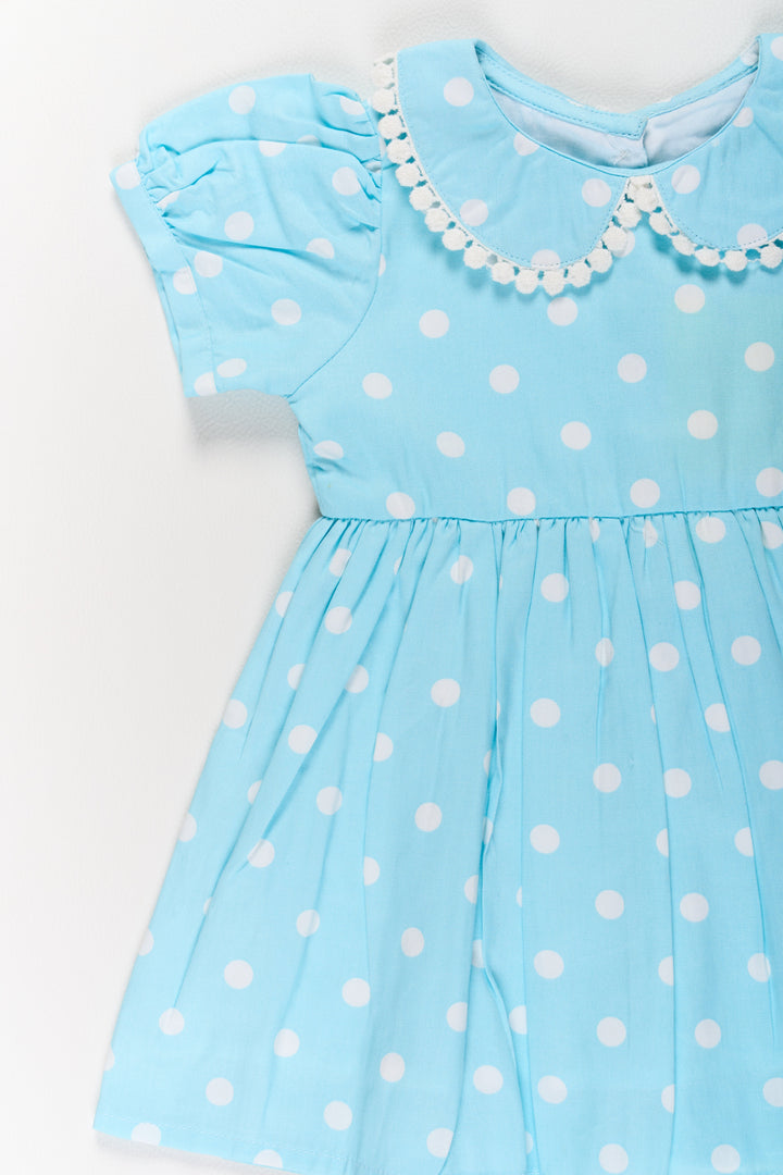 The Nesavu Girls Cotton Frock Traditional Attire for Girls in Blue Polka Dot Print with Peter Pan Collar Nesavu Traditional Attire Girls Blue Polka Dot Design Lace Collar | The Nesavu
