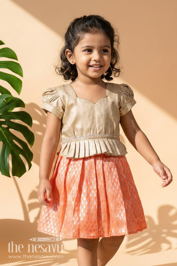 The Nesavu Silk Frock Traditional Baby Girl Silk Frock with Semi Banarasi Design for Festive Occasions Nesavu 16 (1Y) / Gold SF1074A-16 Nesavu traditional baby pattu pavadai banarasi skirt tissue yoke  ideal festive wear