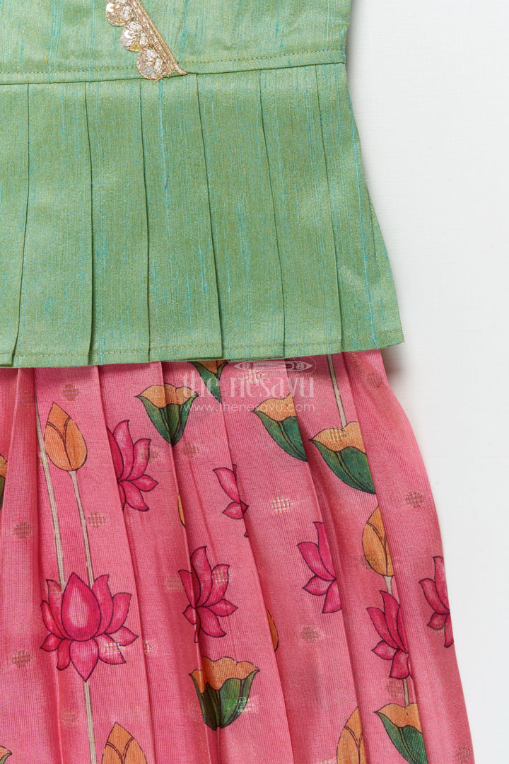 The Nesavu Pattu Pavadai Traditional Baby Pattu Pavadai with Cow and Lotus Print for Ethnic Functions Nesavu Nesavu baby girl pattu pavadai with cow border and lotus skirt for traditional pooja wear