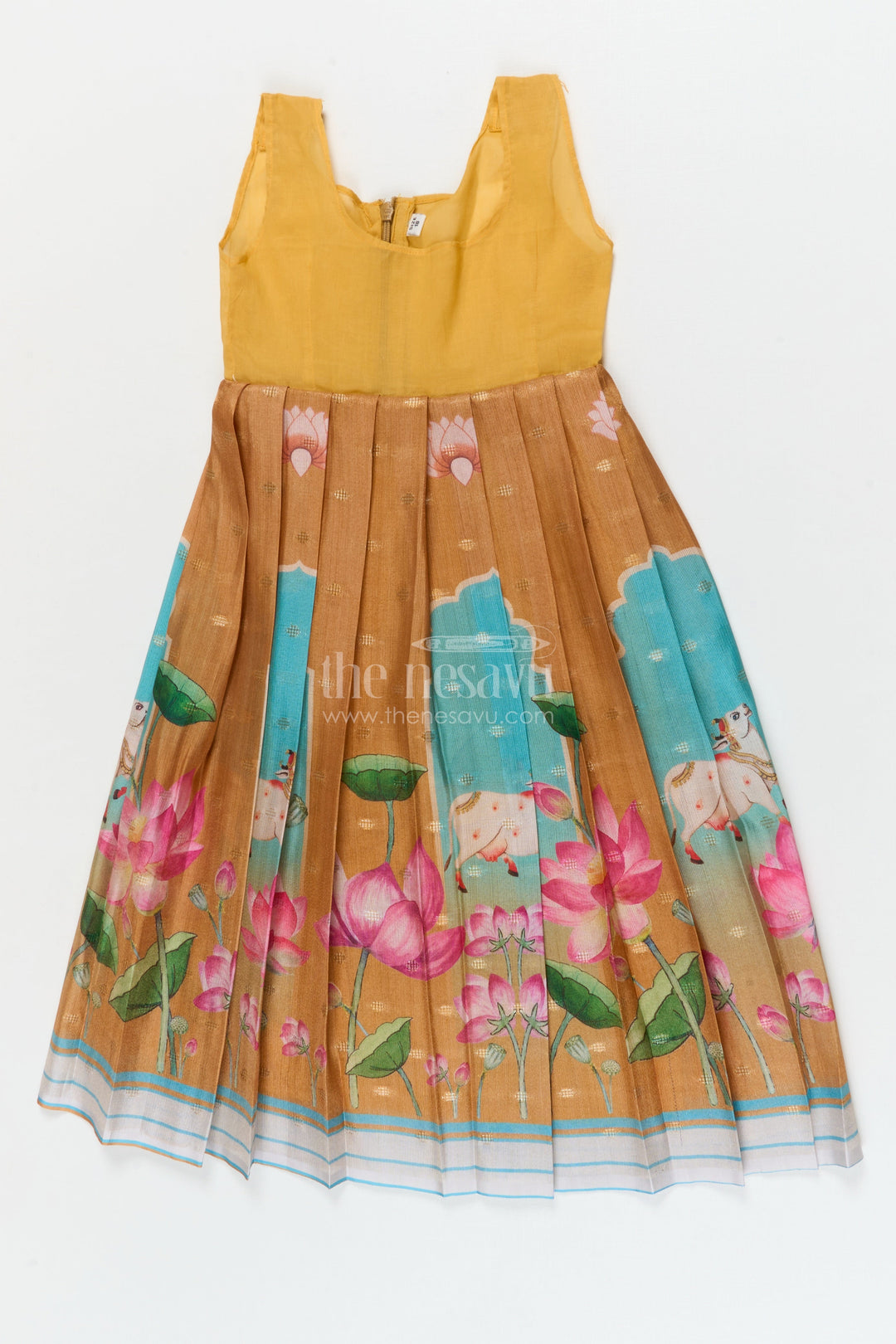 The Nesavu Pattu Pavadai Traditional Baby Pattu Pavadai with Lotus Print Skirt for Festive Photoshoots Nesavu Nesavu baby pattu pavadai with lotus print skirt and scallop blouse for festive occasions