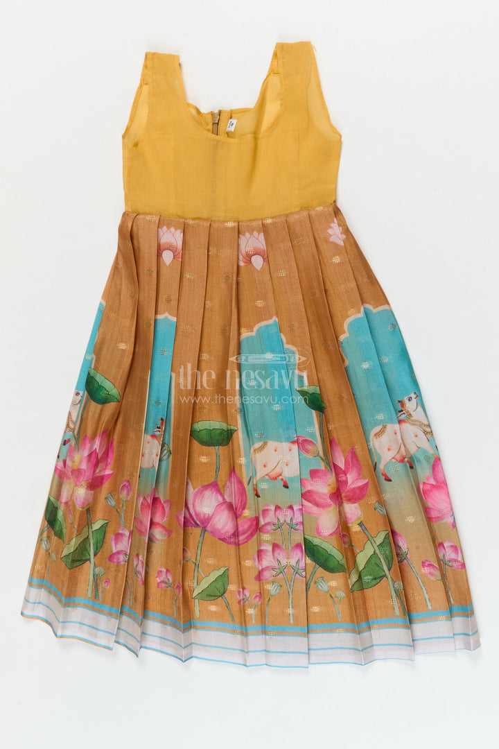 The Nesavu Pattu Pavadai Traditional Baby Pattu Pavadai with Lotus Print Skirt for Festive Photoshoots Nesavu Nesavu baby pattu pavadai with lotus print skirt and scallop blouse for festive occasions
