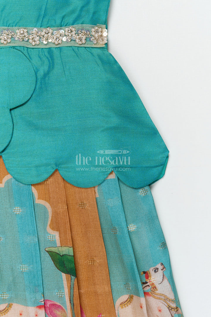 The Nesavu Pattu Pavadai Traditional Baby Pattu Pavadai with Lotus Print Skirt for Festive Photoshoots Nesavu Nesavu baby pattu pavadai with lotus print skirt and scallop blouse for festive occasions