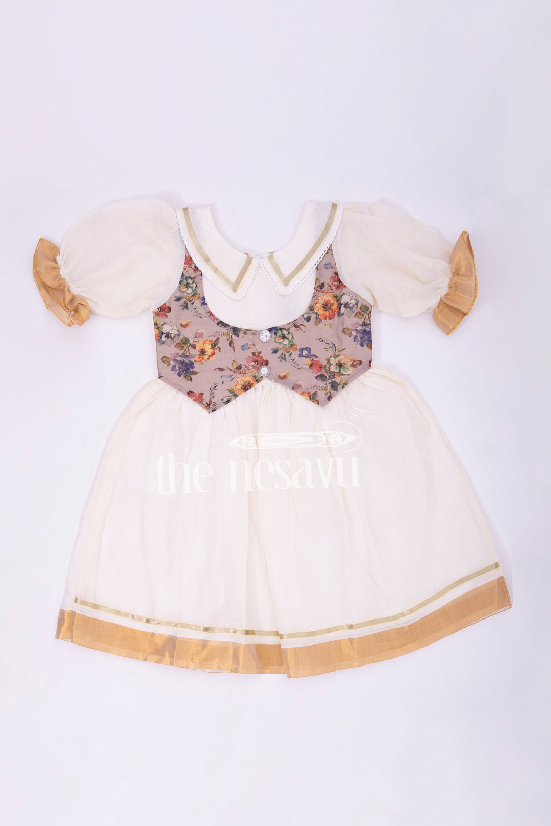 The Nesavu Girls Cotton Frock Traditional Bacchon Ki Dress - Puff Sleeve Onam Cotton Frock with Waistcoat Design Nesavu 18 (2Y) / Half white GFC1344A-18 Traditional Bacchon Ki Dress - Nesavu | Puff Sleeve Onam Cotton Frock