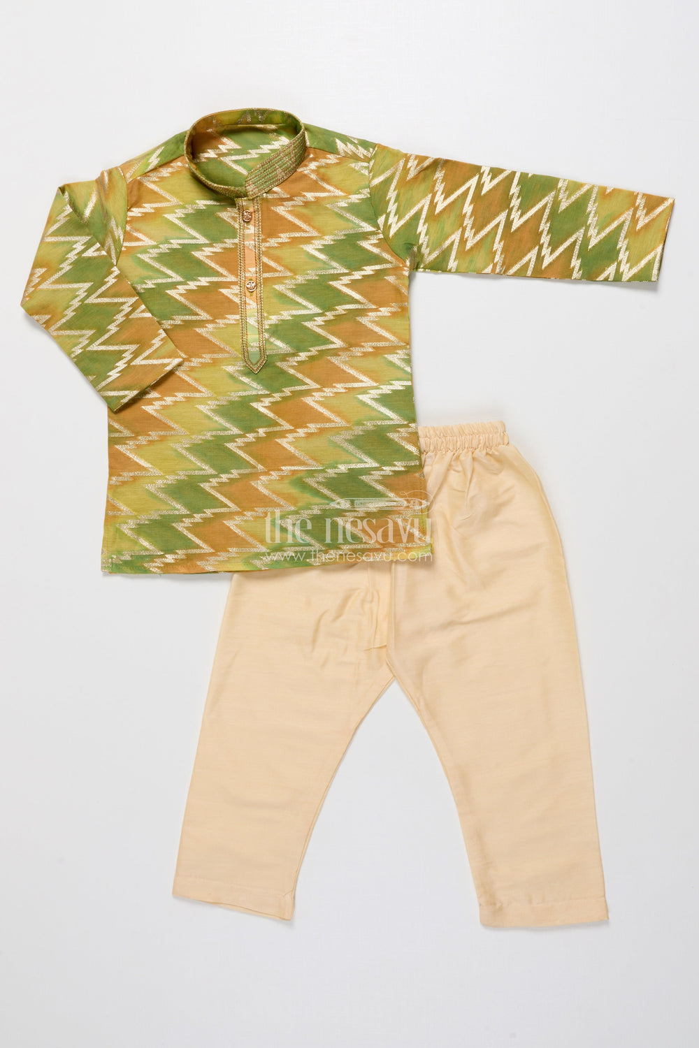 The Nesavu Boys Kurtha Set Traditional Banarasi Weave Boys Kurta Set for Cultural and Festive Wear Nesavu Nesavu boys kurta set traditional Banarasi weave perfect weddings school ethnic days