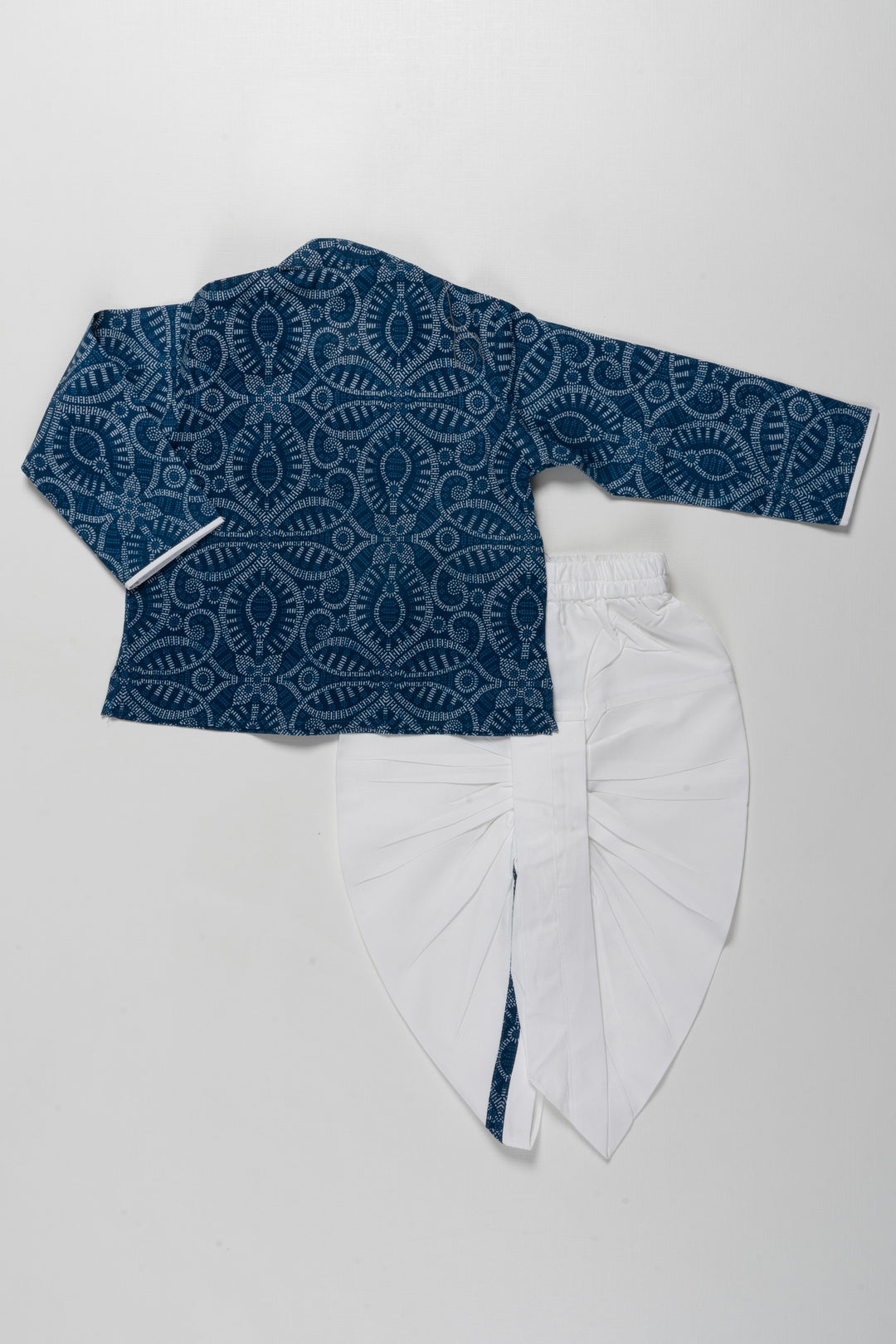 The Nesavu Boys Dothi Set Traditional Blue Patterned Kurta with White Dhoti Set for Boys Nesavu Traditional Boys Blue Kurta with White Dhoti Set | Festive Cultural Wear | The Nesavu