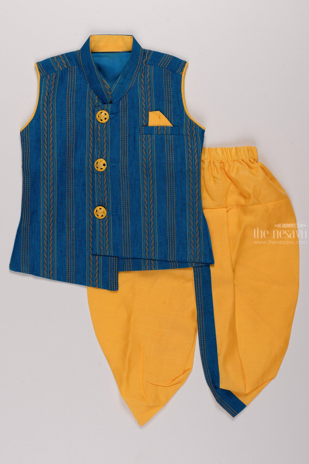 The Nesavu Boys Dothi Set Traditional Boys Blue Kurta and Yellow Dhoti Set - Ethnic Indian Wear Collection Nesavu 14 (6M) / Blue / Cotton BES434A-14 Boys Royal Blue & Yellow Ensemble | Striped Vest Kurta with Dhoti | The Nesavu