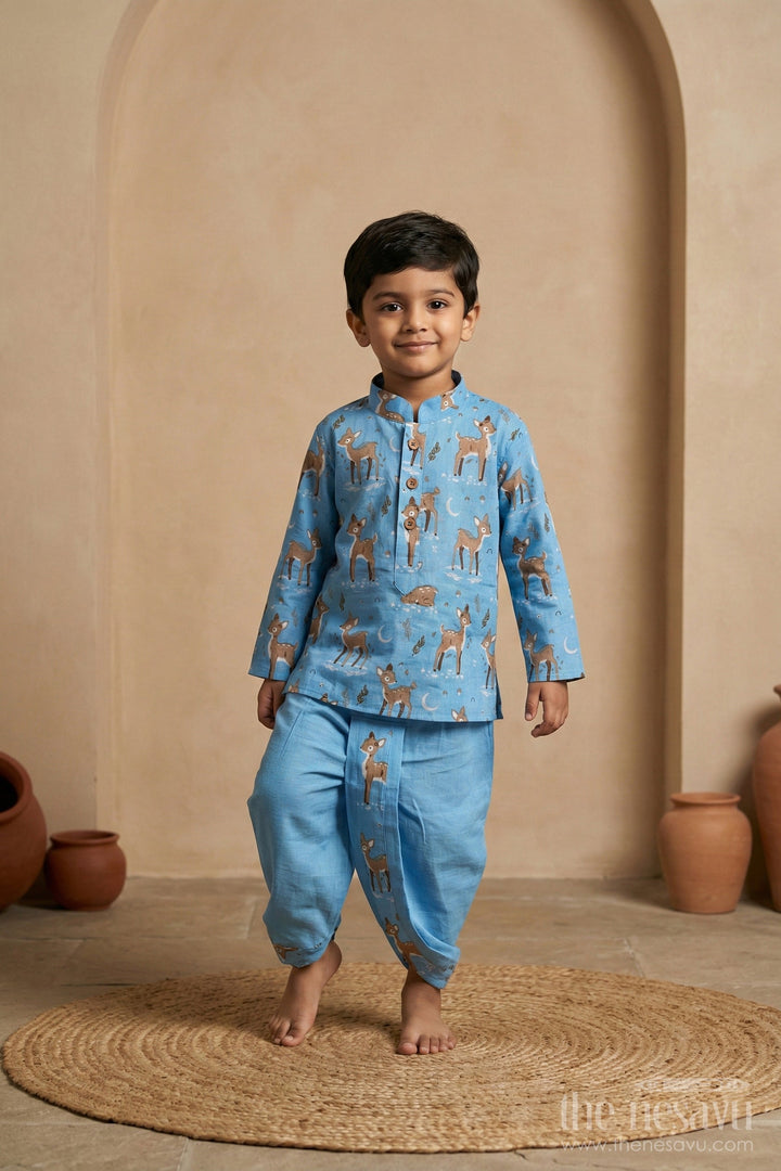 The Nesavu Boys Dothi Set Traditional Boys Dhoti and Jacket Set in Cotton with Deer Print for Festive Occasions Nesavu 10 (NB) / Blue BES659B-10 Boys Dhoti Jacket Set Cotton Deer Print Traditional Festive Wear | The Nesavu