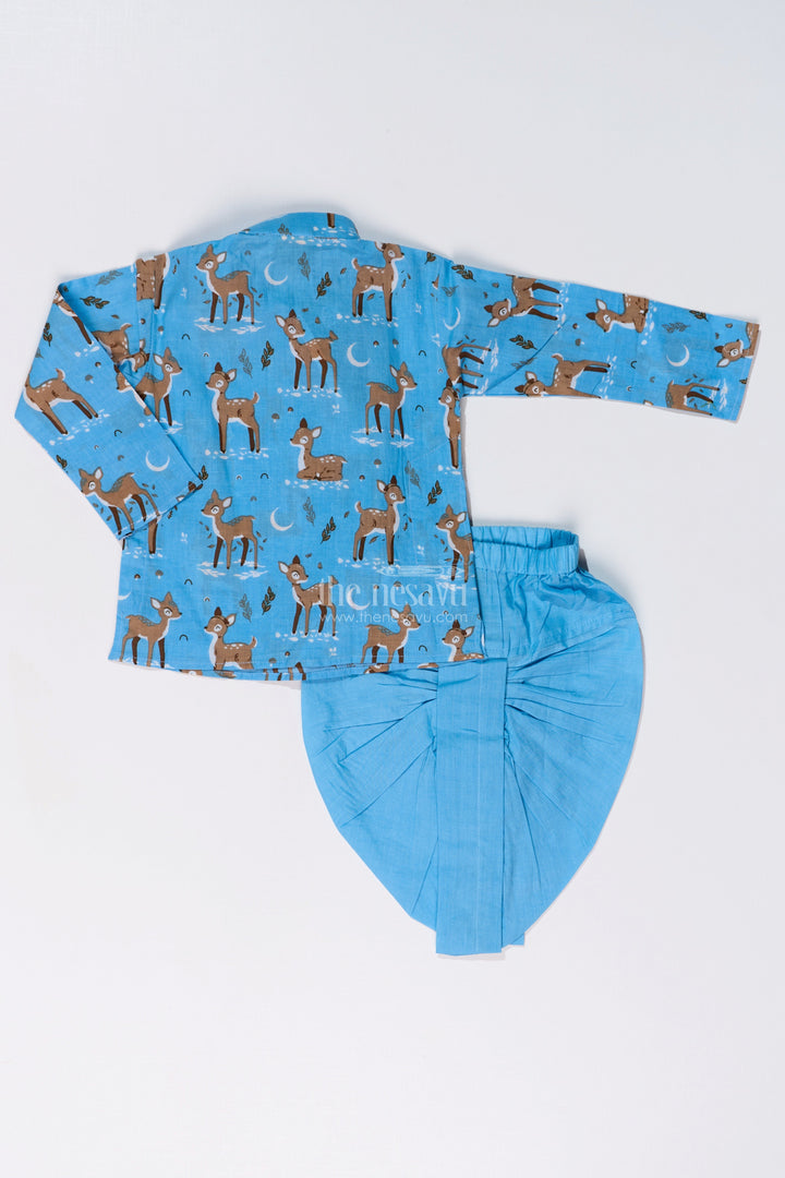 The Nesavu Boys Dothi Set Traditional Boys Dhoti and Jacket Set in Cotton with Deer Print for Festive Occasions Nesavu Nesavu Boys Dhoti Jacket Set Cotton Deer Print Traditional Festive Wear