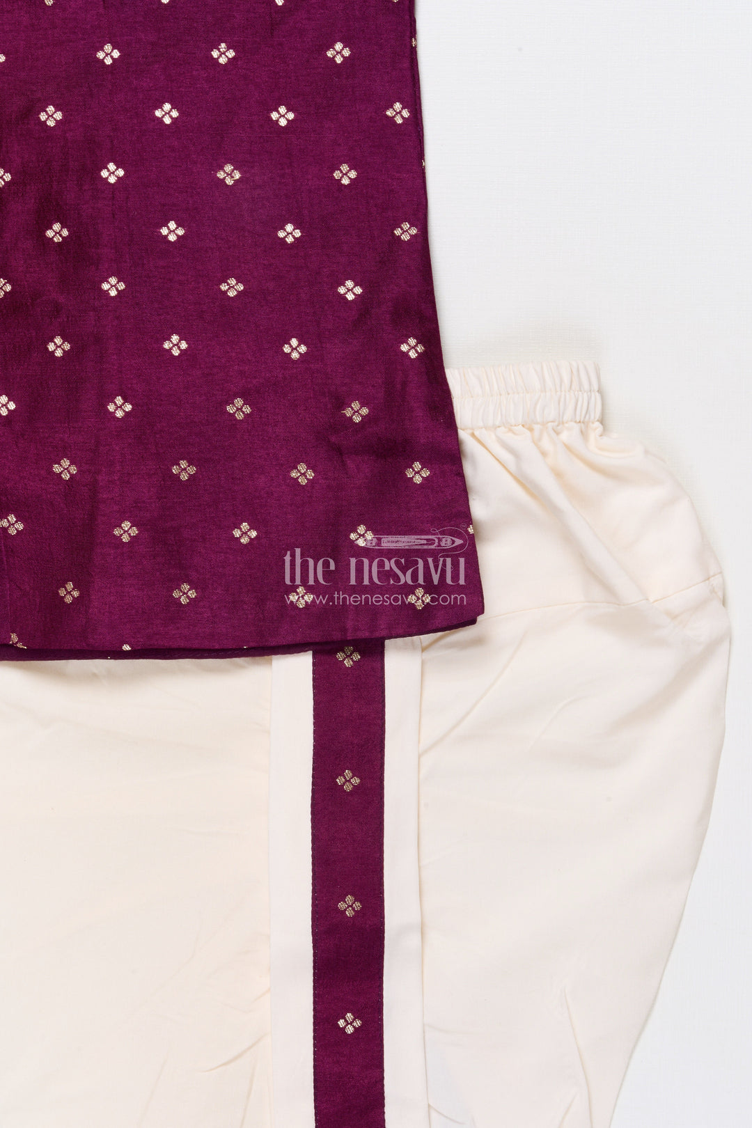 The Nesavu Boys Dothi Set Traditional Boys Dhoti Kurta Set for Festive Occasions and Temple Ceremonies Nesavu Nesavu boys festive silk blend dhoti kurta set zari butta cultural events rituals