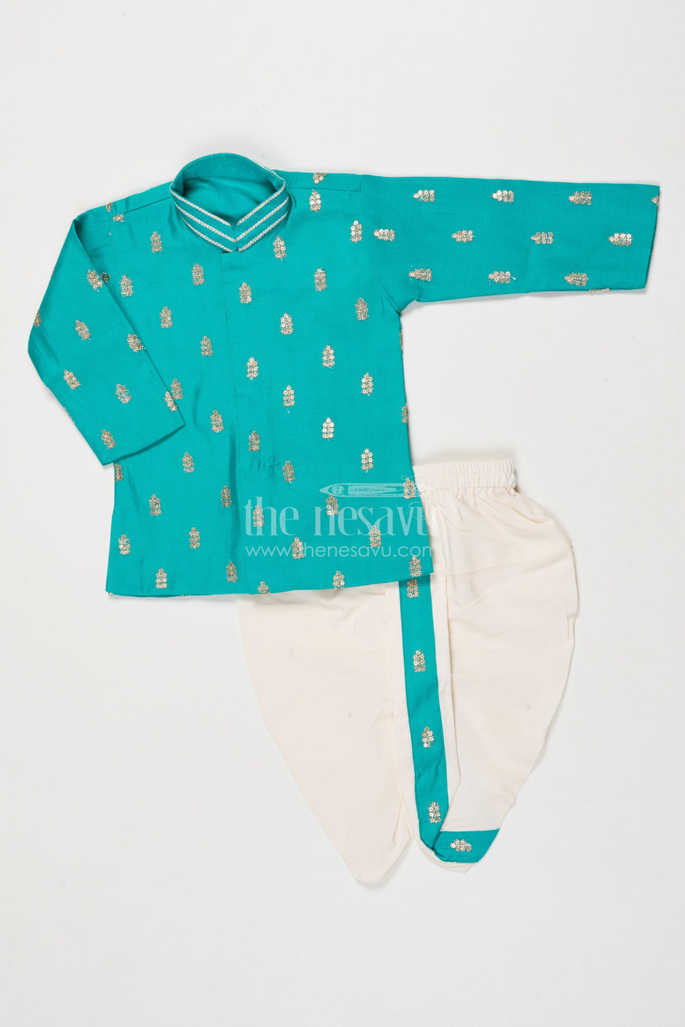 The Nesavu Boys Dothi Set Traditional Boys Dhoti Set for Poojas and Temple Visits Nesavu 10 (NB) / Green BES777A-10 Nesavu traditional boys dhoti kurta set sequin embroidery temple festive wear
