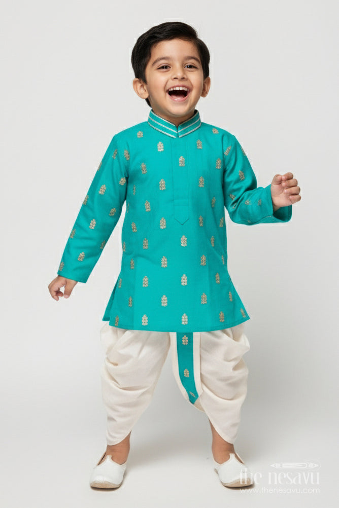 The Nesavu Boys Dothi Set Traditional Boys Dhoti Set for Poojas and Temple Visits Nesavu 10 (NB) / Green BES777A-10 Nesavu traditional boys dhoti kurta set sequin embroidery temple festive wear