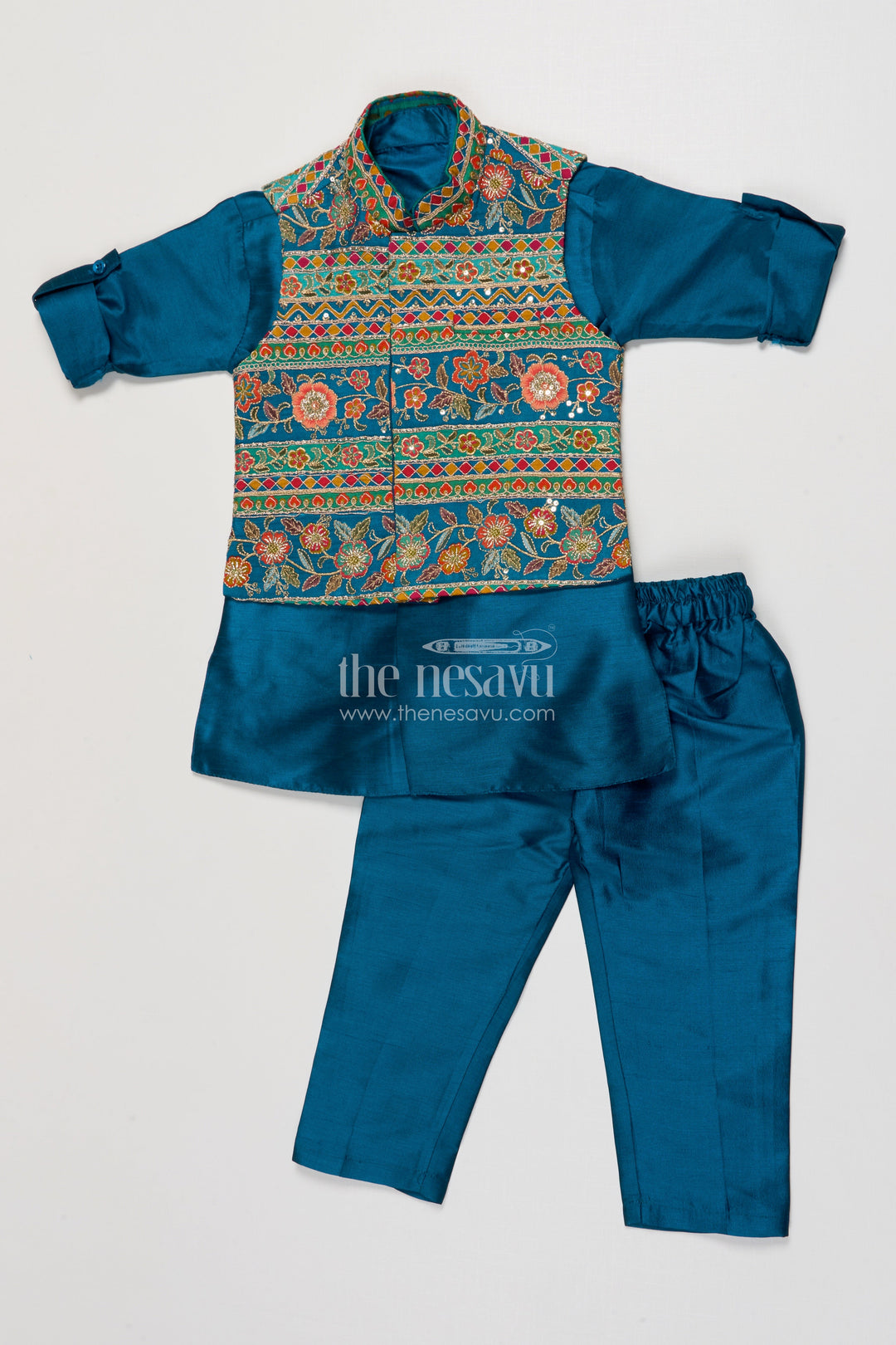 The Nesavu Boys Jacket Sets Traditional Boys Jacket Kurta Set for Festivals and Events Nesavu 16 (1Y) / Green BES830B-16 Nesavu boys traditional jacket kurta set embroidery weddings ethnic wear