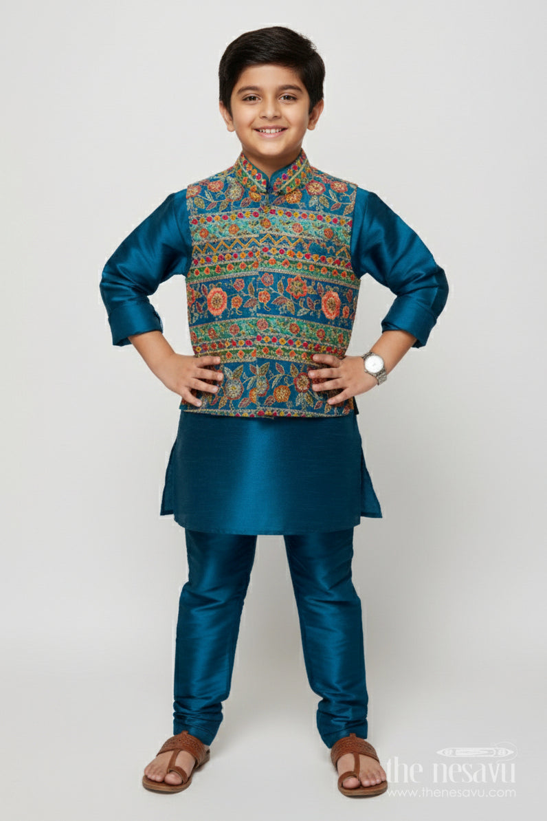 The Nesavu Boys Jacket Sets Traditional Boys Jacket Kurta Set for Festivals and Events Nesavu 16 (1Y) / Green BES830B-16 Nesavu boys traditional jacket kurta set embroidery weddings ethnic wear