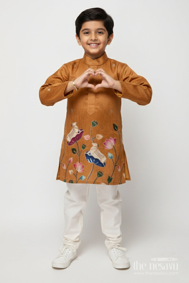 The Nesavu Boys Kurtha Set Traditional Boys Kurta Set for Poojas and Cultural Gatherings Nesavu 16 (1Y) / Yellow BES821B-16 Nesavu traditional boys kurta set embroidered motifs poojas school ethnic functions